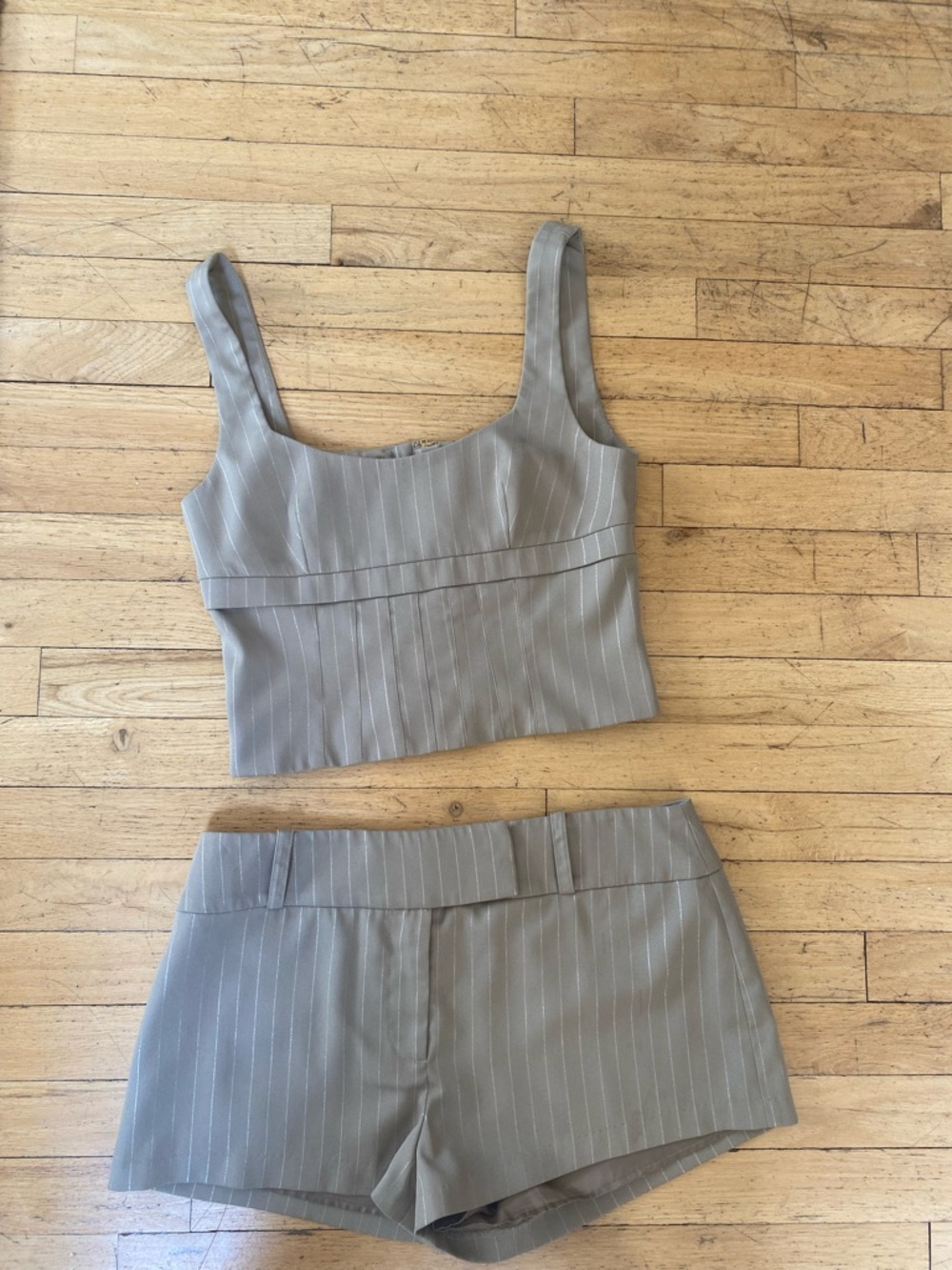 NBD beautiful short set. Beige pin stripe. Top is a size small . Bottom medium